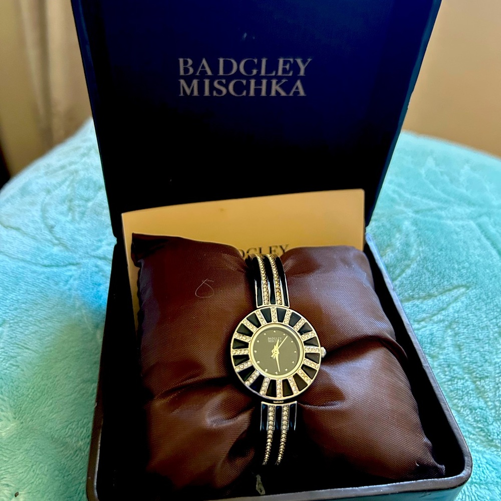Y2K Badgley Mischka Art Deco Black Silver & Crystal Watch